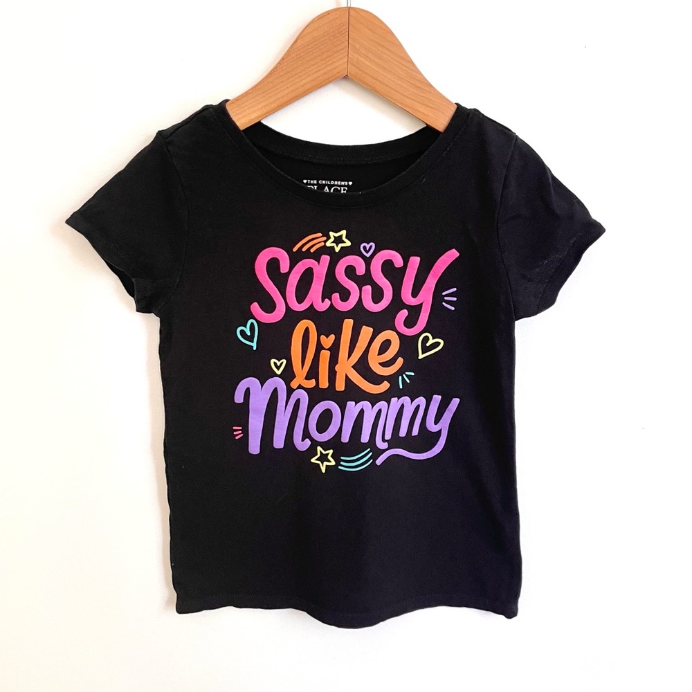 5/$20💥Sassy Like Mom Bubble Text Graphic Tee, Hot Pink Orange Purple on Black